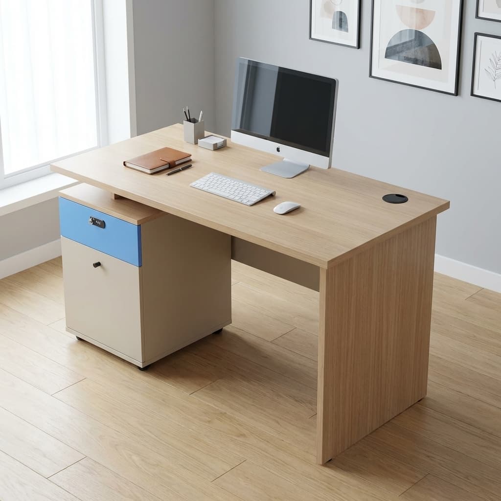 Premium 1.2M Office Desk Featuring A Natural Light Oak Woodgrain Desktop Surface, Crisp White Solid Support Panels, A Built-In Locking Cabinet Drawer, And A Matching Full-Length Modesty Panel.