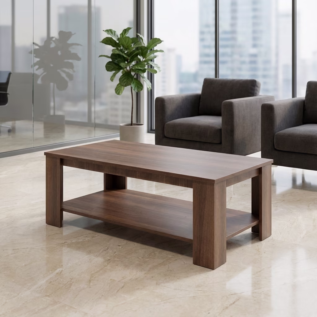 Elegant Office Coffee Table With Wooden Finish And Lower Storage Shelf For Modern Office Use