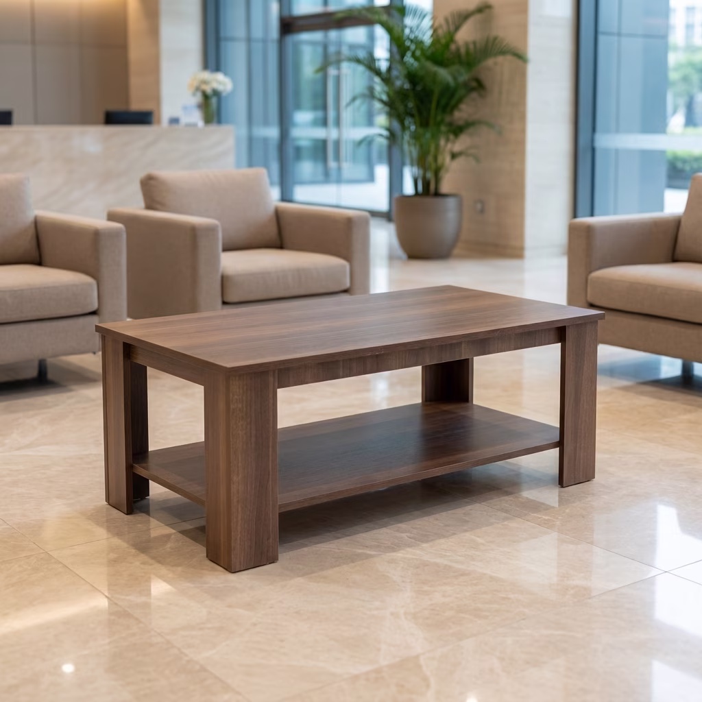 Elegant Office Coffee Table With Wooden Finish And Lower Storage Shelf For Modern Office Use