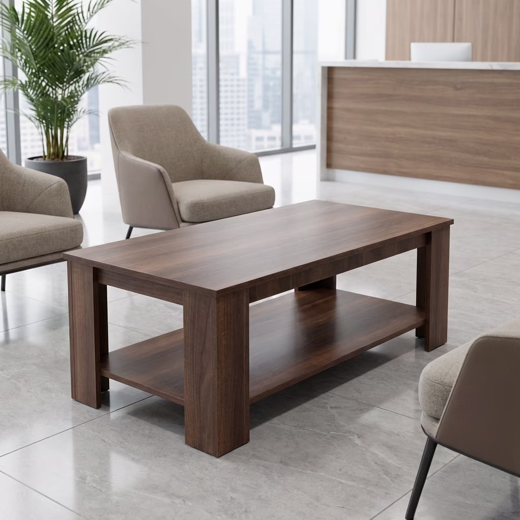 Elegant Office Coffee Table With Wooden Finish And Lower Storage Shelf For Modern Office Use