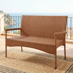 Premium Rattan Bistro Bench wicker outdoor bench with armrests and woven rattan finish