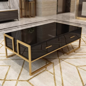 Luxury Glass Coffee Table with tempered glass top, black drawers, and gold metal frame