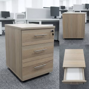Modern 3-Drawer Pedestal with lockable drawers and wood finish for office storage