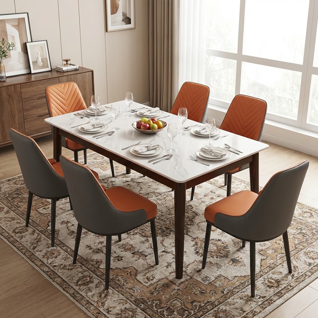 Luxury Marble Dining Set With Marble Top Table And Powder Coated Metal Chairs For Modern Dining Space