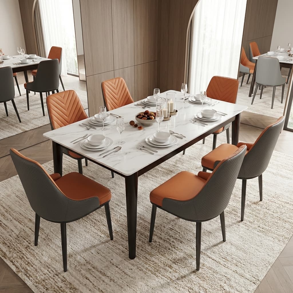 Luxury Marble Dining Set With Marble Top Table And Powder Coated Metal Chairs For Modern Dining Space