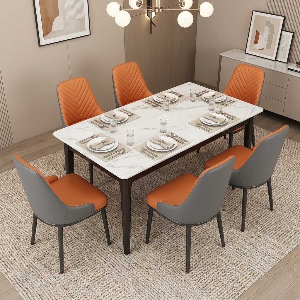 Luxury Marble Dining Set With Marble Top Table And Powder Coated Metal Chairs For Modern Dining Space