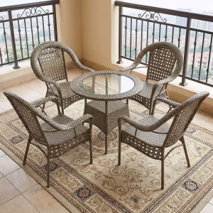 Upgrade your outdoor space with the Elegant 5-Piece Patio Set—stylish woven chairs and a glass-top table for Patio and modern outdoor living.