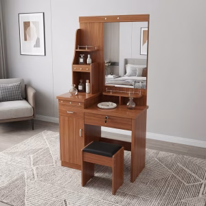 Wooden Dressing Table with mirror drawers and stool, modern vanity setup