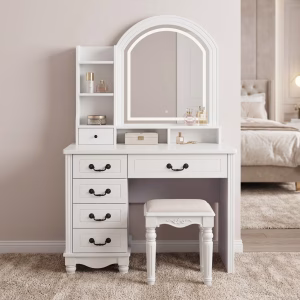 Elegant White Vanity Set with arched mirror, drawers, shelves, and padded stool in a modern bedroom