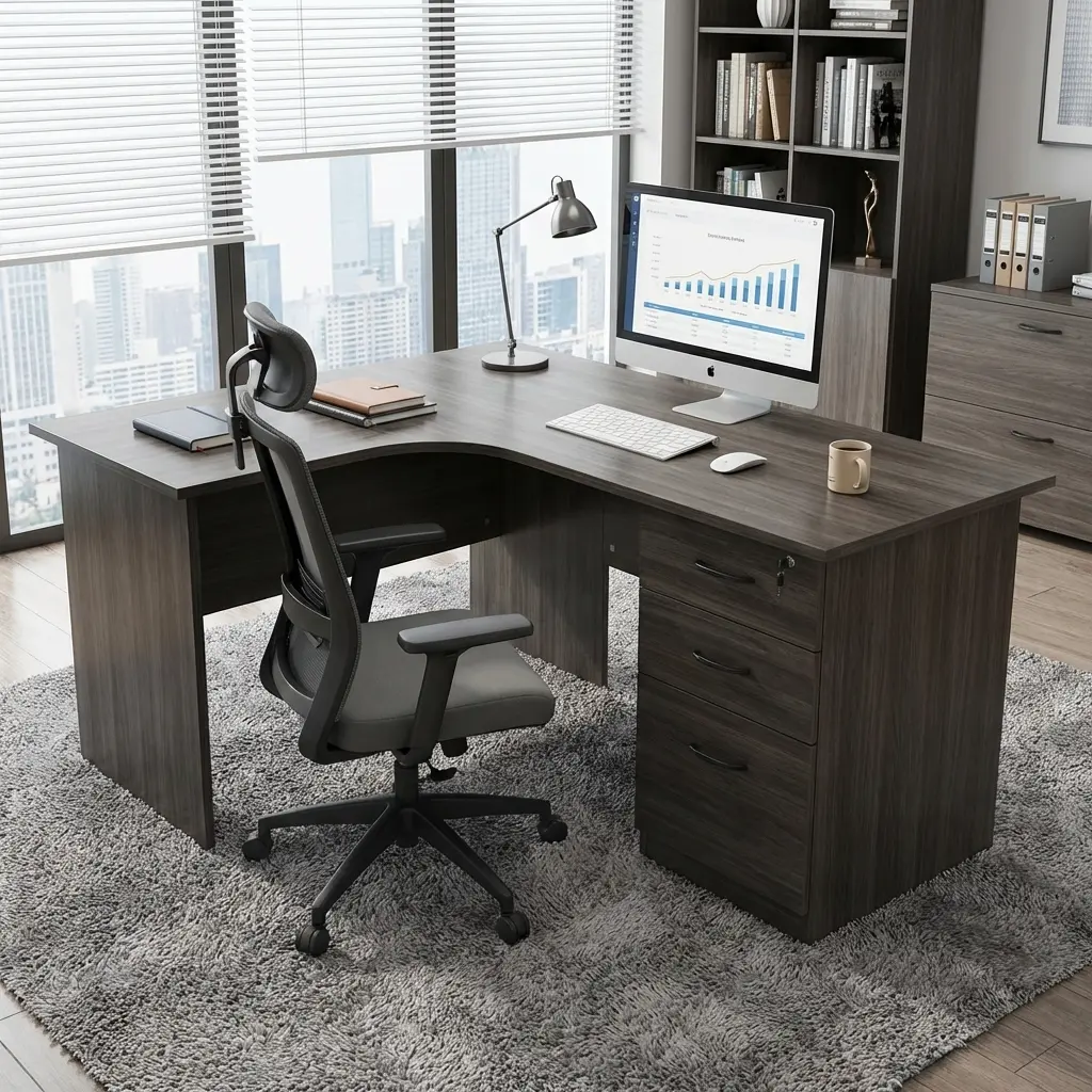 1.2M Corner Office Desk With Drawers In A Modern Wood Finish For Office And Home Workspace Setup