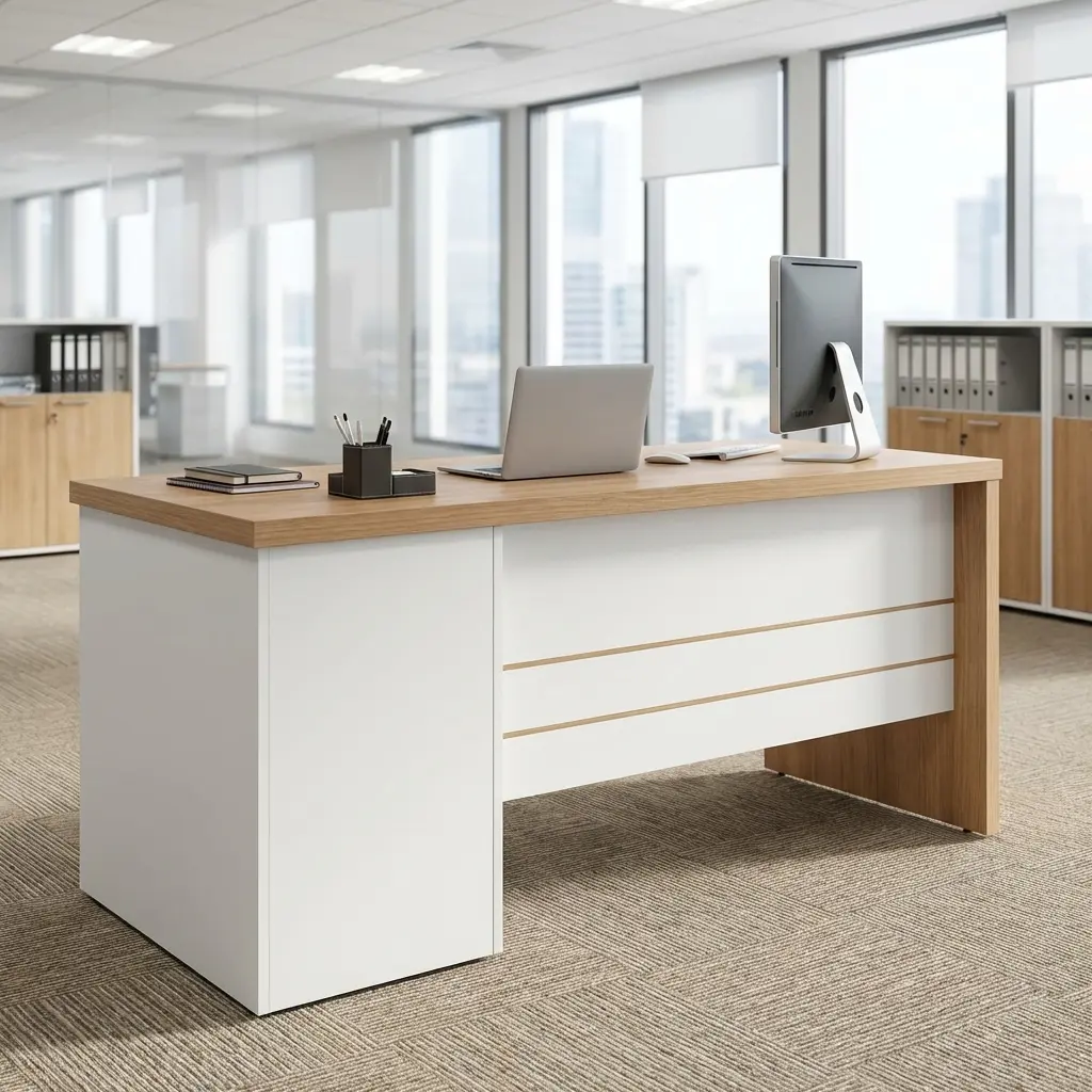 A 1.4M Executive Office Desk Featuring A Natural Oak Wood Desktop, White Side And Front Modesty Panels Decorated With Horizontal Gold Metallic Stripes, And A Built-In Metal Flip-Top Cable Grommet.