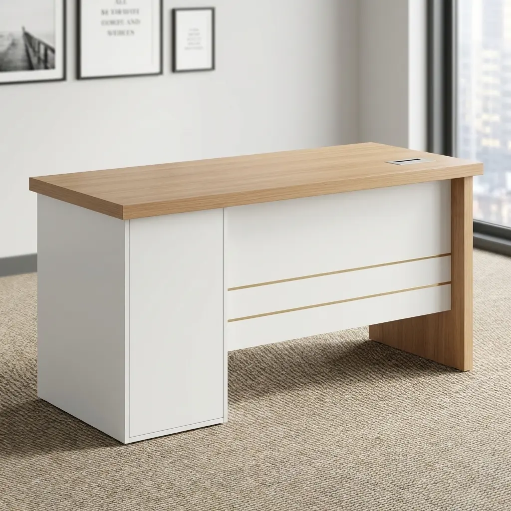 A 1.4M Executive Office Desk Featuring A Natural Oak Wood Desktop, White Side And Front Modesty Panels Decorated With Horizontal Gold Metallic Stripes, And A Built-In Metal Flip-Top Cable Grommet.