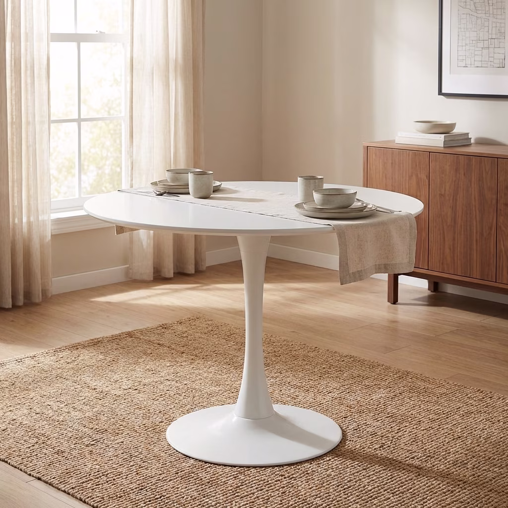 White Round Tulip Table With Laminated Mdf Top And Metallic Pedestal Base For Dining Or Office Use