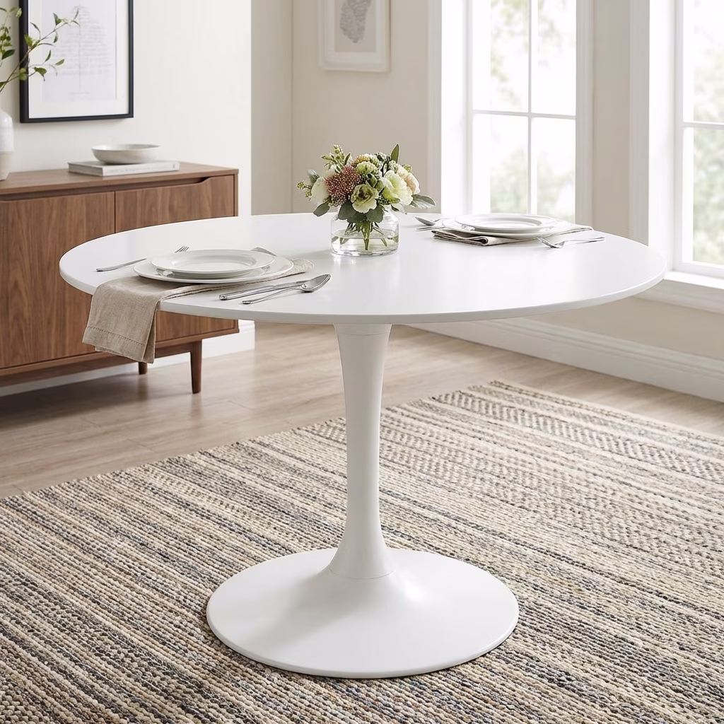 White Round Tulip Table With Laminated Mdf Top And Metallic Pedestal Base For Dining Or Office Use