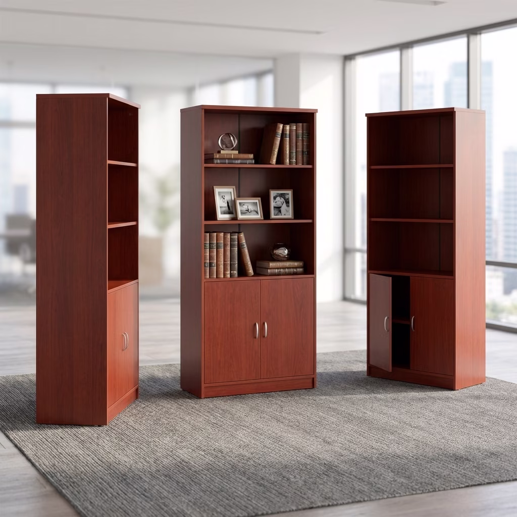 A Tall Cherry Wood Office Bookcase Featuring Three Open Upper Shelves Holding Books And Folders, And A Lower Two-Door Wooden Storage Cabinet With A Center Key Lock And Vertical Silver Handles.