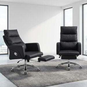 Ergonomic Swivel Nap Chair black leather reclining office chair with footrest and wheels