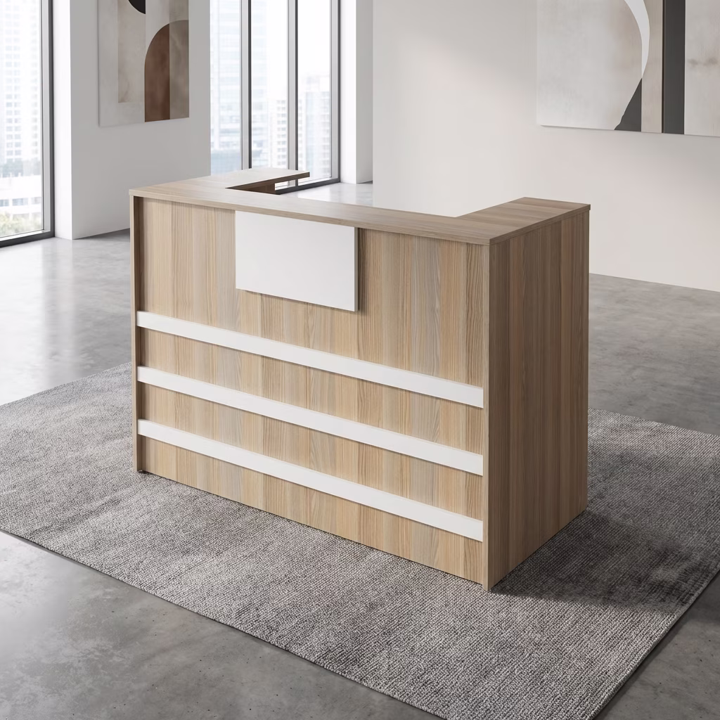 A Modern 1.2M Reception Desk Unit With Storage And A Sleek Design—Perfect For Professional And Space-Efficient Reception Areas.