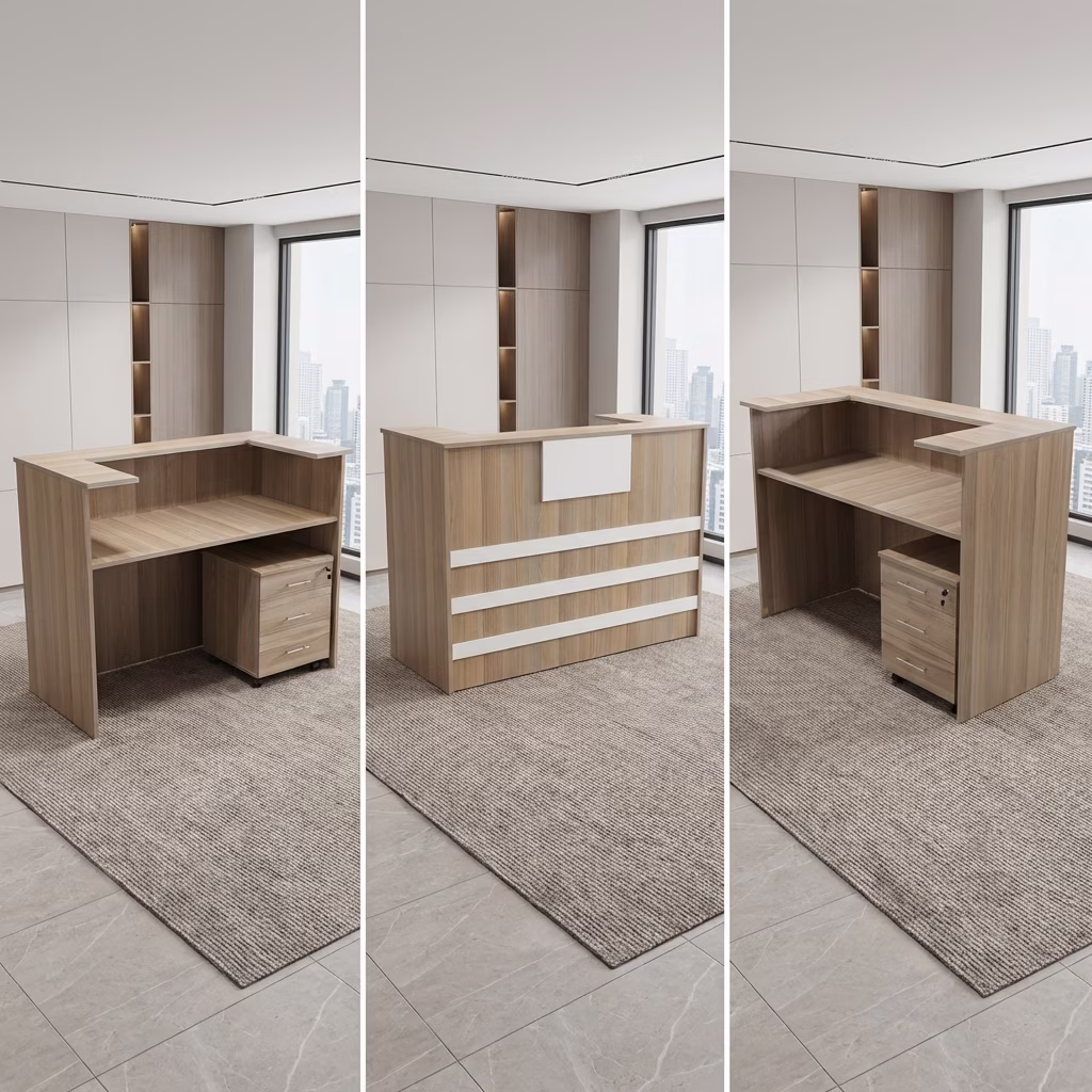 A Modern 1.2M Reception Desk Unit With Storage And A Sleek Design—Perfect For Professional And Space-Efficient Reception Areas.