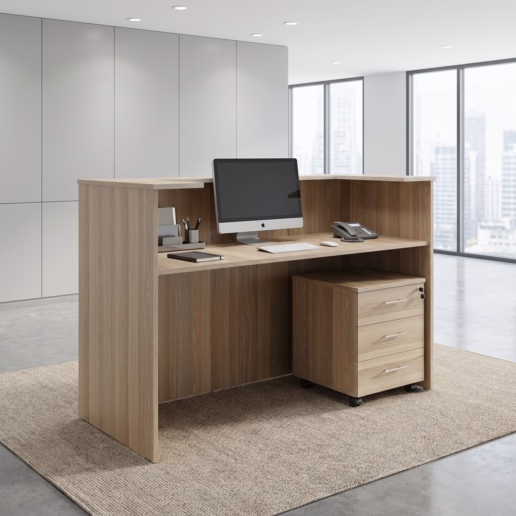A Modern 1.2M Reception Desk Unit With Storage And A Sleek Design—Perfect For Professional And Space-Efficient Reception Areas.