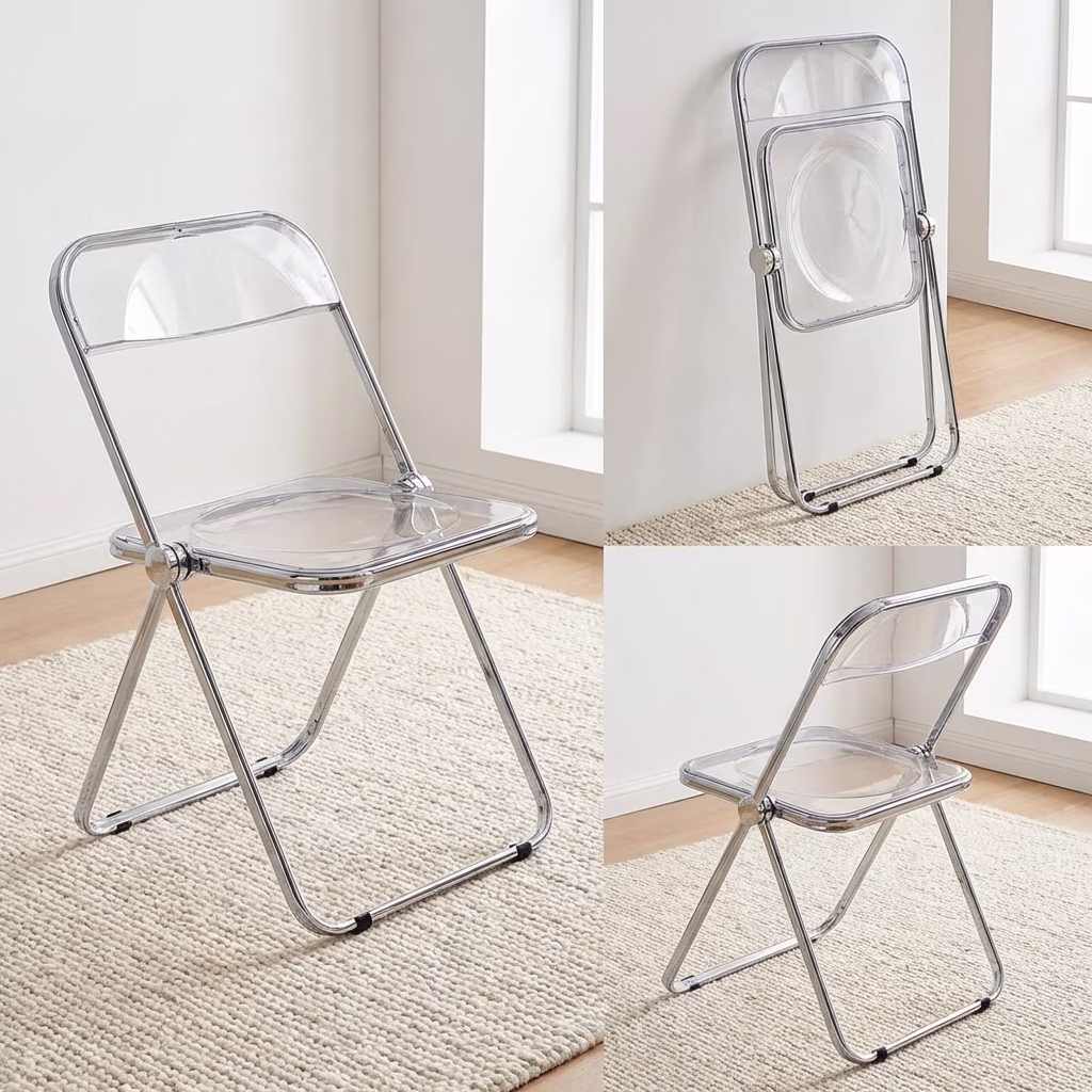 A Clear Acrylic Folding Chair Featuring A Transparent Plastic Seat And Backrest With A Shiny Polished Chrome Metal Folding Frame.