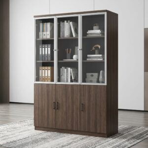 Modern Glass Door Bookcase wooden office cabinet with glass panels and lockable storage shelves