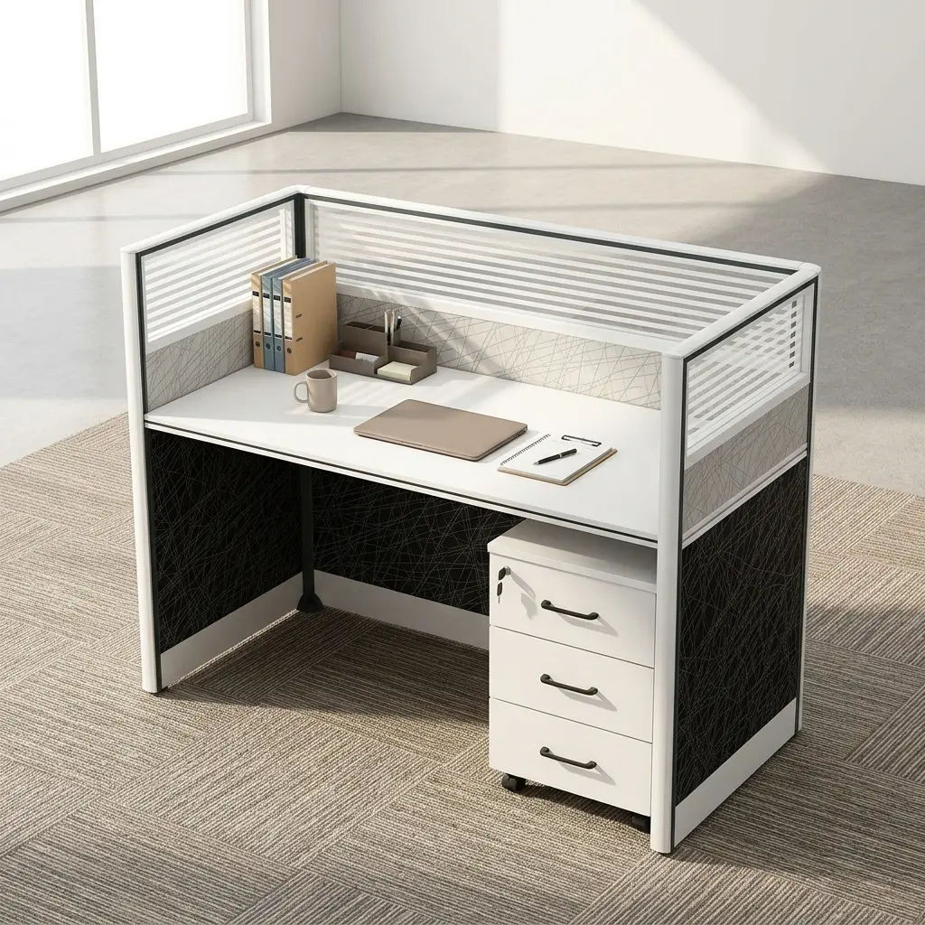 Modern 1-Way Workstation With Privacy Panels And Mobile Drawer Storage Unit