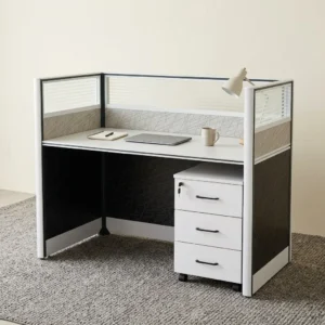 Modern 1-Way Workstation with privacy panels and mobile drawer storage unit