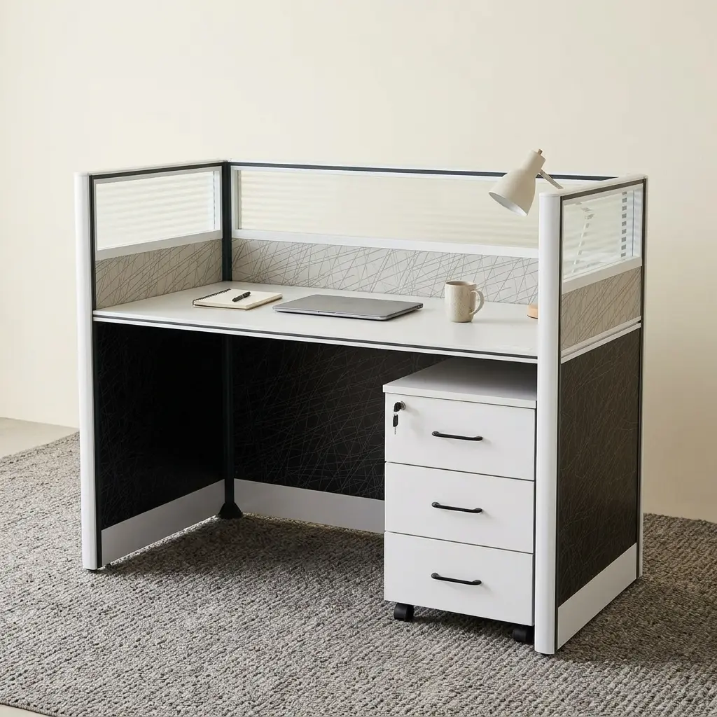 Modern 1-Way Workstation With Privacy Panels And Mobile Drawer Storage Unit