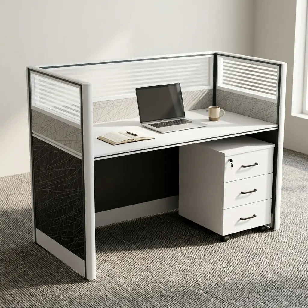 Modern 1-Way Workstation With Privacy Panels And Mobile Drawer Storage Unit