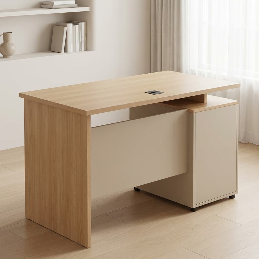 Premium 1.2M Office Desk Featuring A Natural Light Oak Woodgrain Desktop Surface, Crisp White Solid Support Panels, A Built-In Locking Cabinet Drawer, And A Matching Full-Length Modesty Panel.