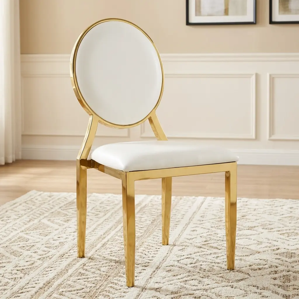 Luxury Gold Dining Chair With Round Upholstered Backrest, Cushioned Seat, And Polished Stainless Steel Gold Frame.