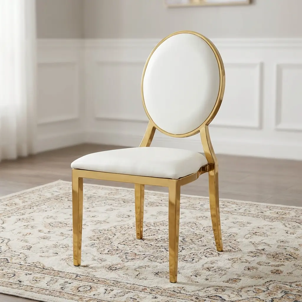 Luxury Gold Dining Chair With Round Upholstered Backrest, Cushioned Seat, And Polished Stainless Steel Gold Frame.