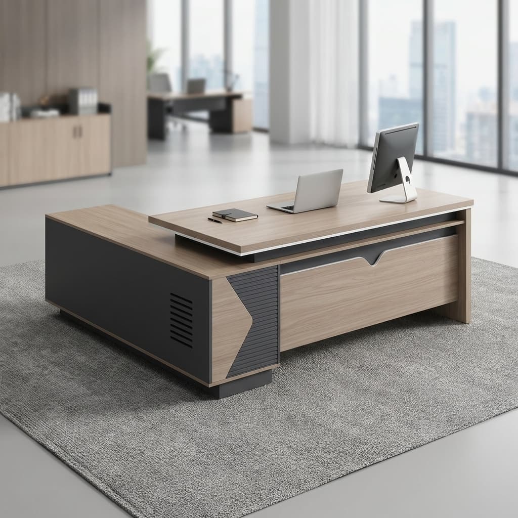 Power 1.8M Executive Desk Featuring An L-Shaped Layout With A Double-Layer Floating Wood Top, Full Modesty Panel, And Dark Gray Side Return Cabinet.