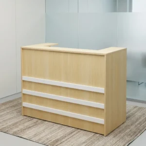 Modern 1.2m Reception Desk with wood finish and white accent panels designed for professional office reception areas.