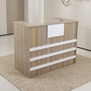 Premium 1.2m Reception Desk with modern wood finish, white accent panels, and compact front office design.