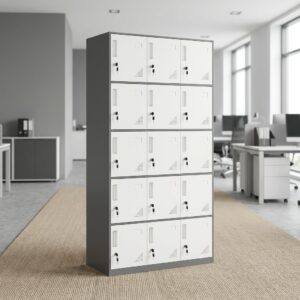 Secure 15-Locker Cabinet steel office storage locker with fifteen lockable compartments