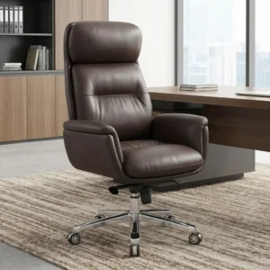 Luxury Executive Office Chair with premium brown leather upholstery, high backrest, padded armrests, and chrome base with caster wheels.