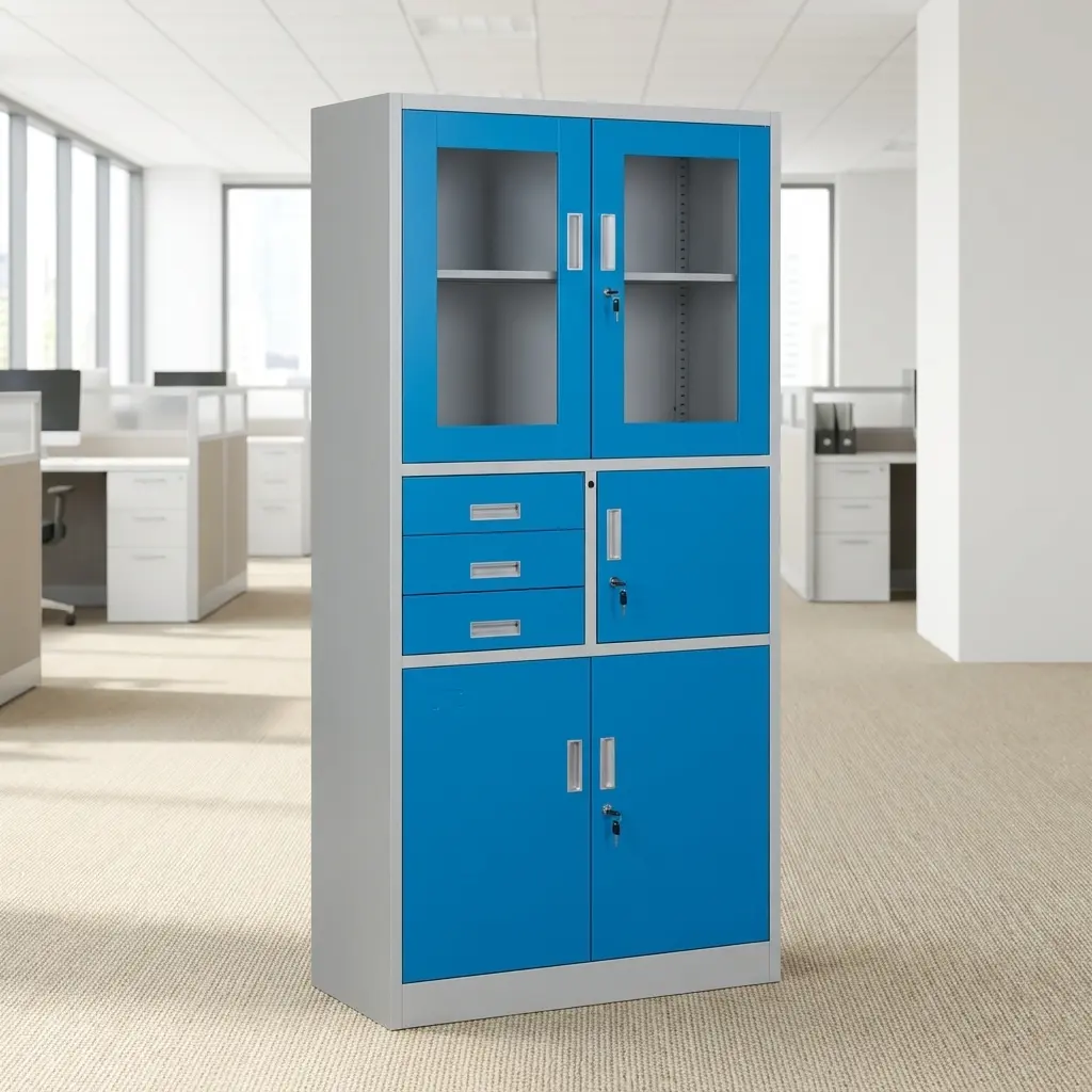 Secure Steel Filing Cabinet With Lockable Doors, Glass Display Panels, Storage Drawers, And Multiple Compartments For Office Document Organization.