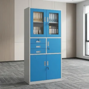 Secure Steel Filing Cabinet with lockable doors, glass display panels, storage drawers, and multiple compartments for office document organization.