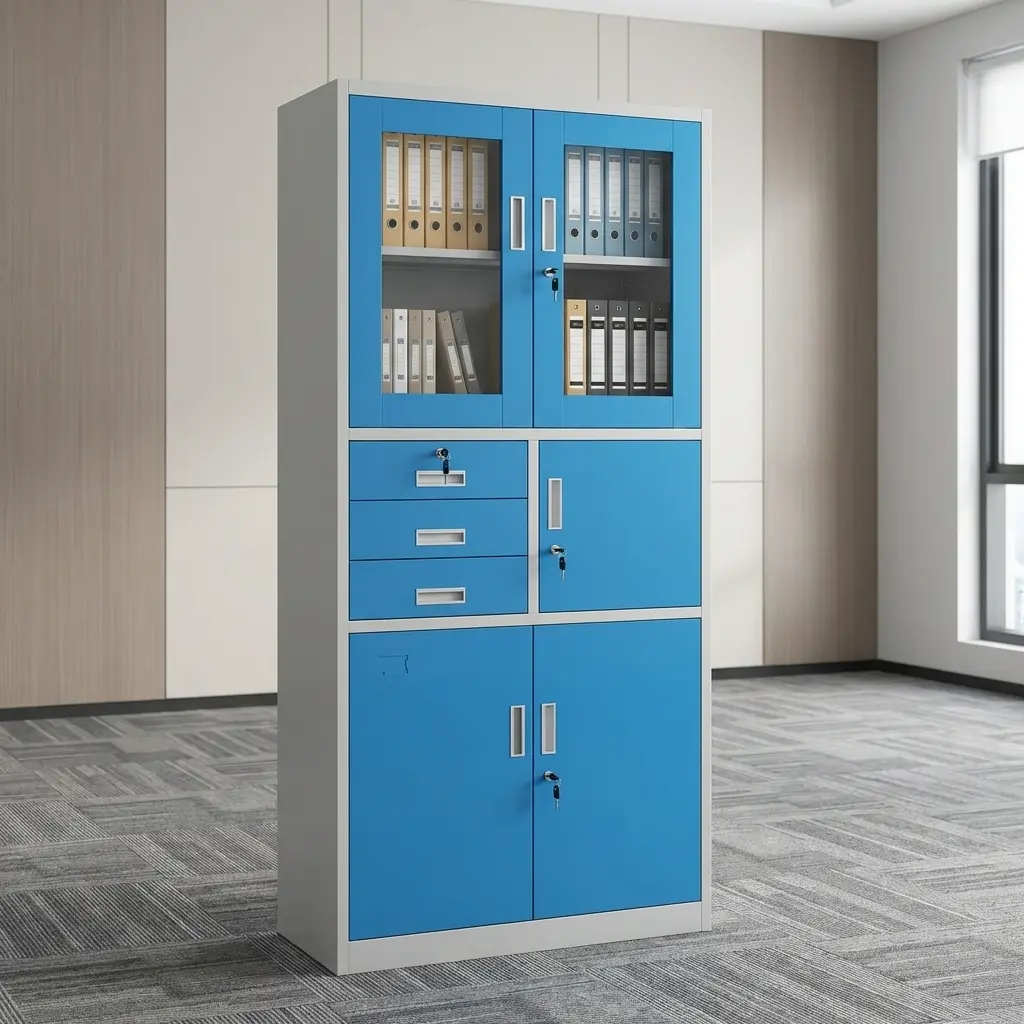Secure Steel Filing Cabinet With Lockable Doors, Glass Display Panels, Storage Drawers, And Multiple Compartments For Office Document Organization.