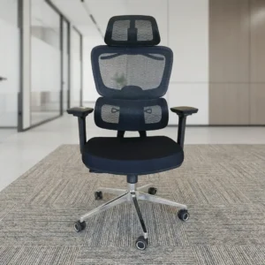 Comfort mesh office chair with breathable mesh backrest, adjustable headrest, padded seat, armrests, and chrome base with caster wheels.