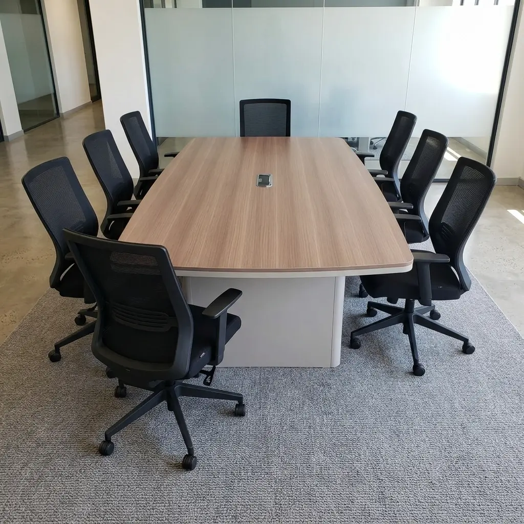 Modern 8-Seater Boardroom Table 2.4M With Wood-Tone Conference Surface And Executive Meeting Room Design