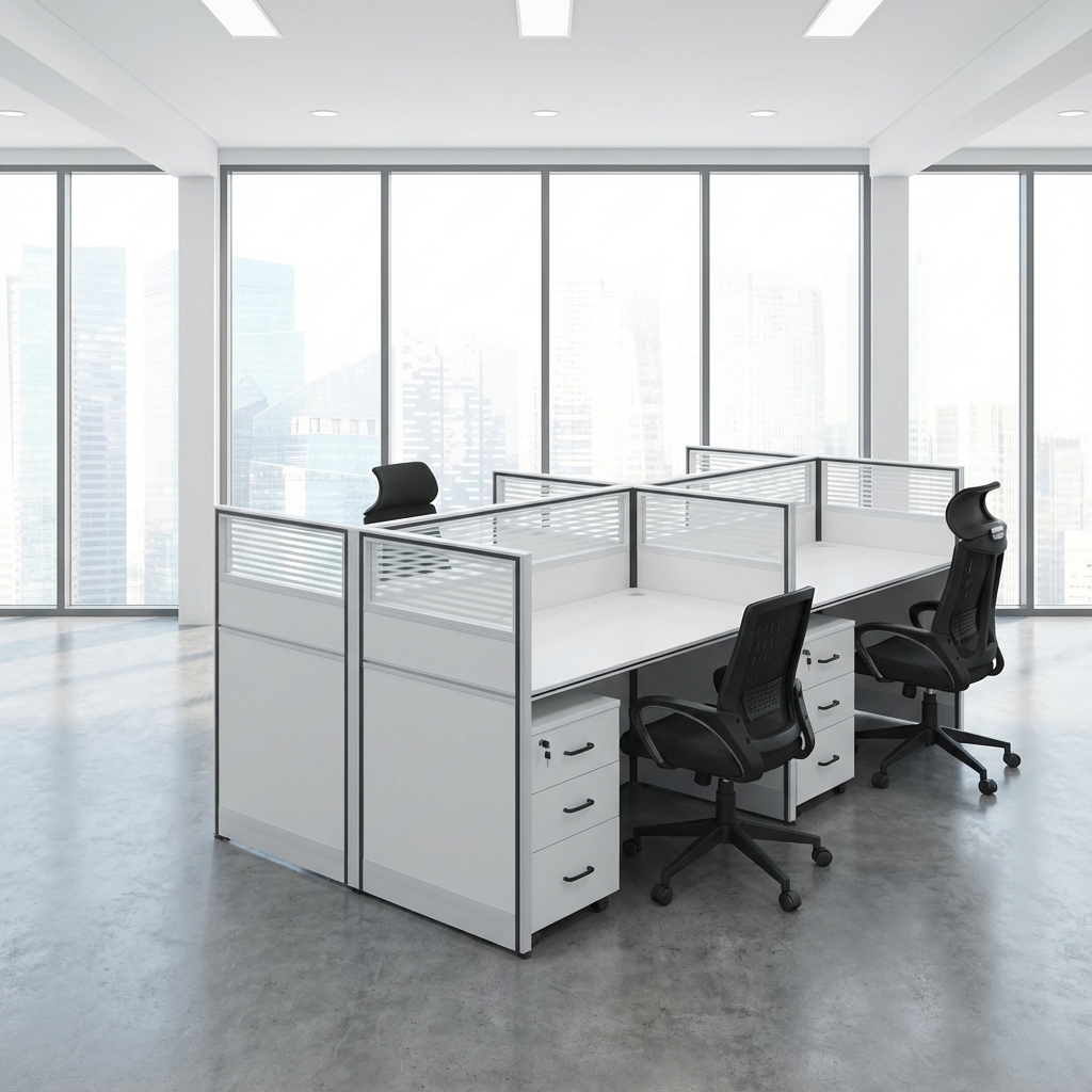 4-way modular office workstation featuring white desktops, integrated white and grey privacy partitions, and matching mobile pedestal cabinets.