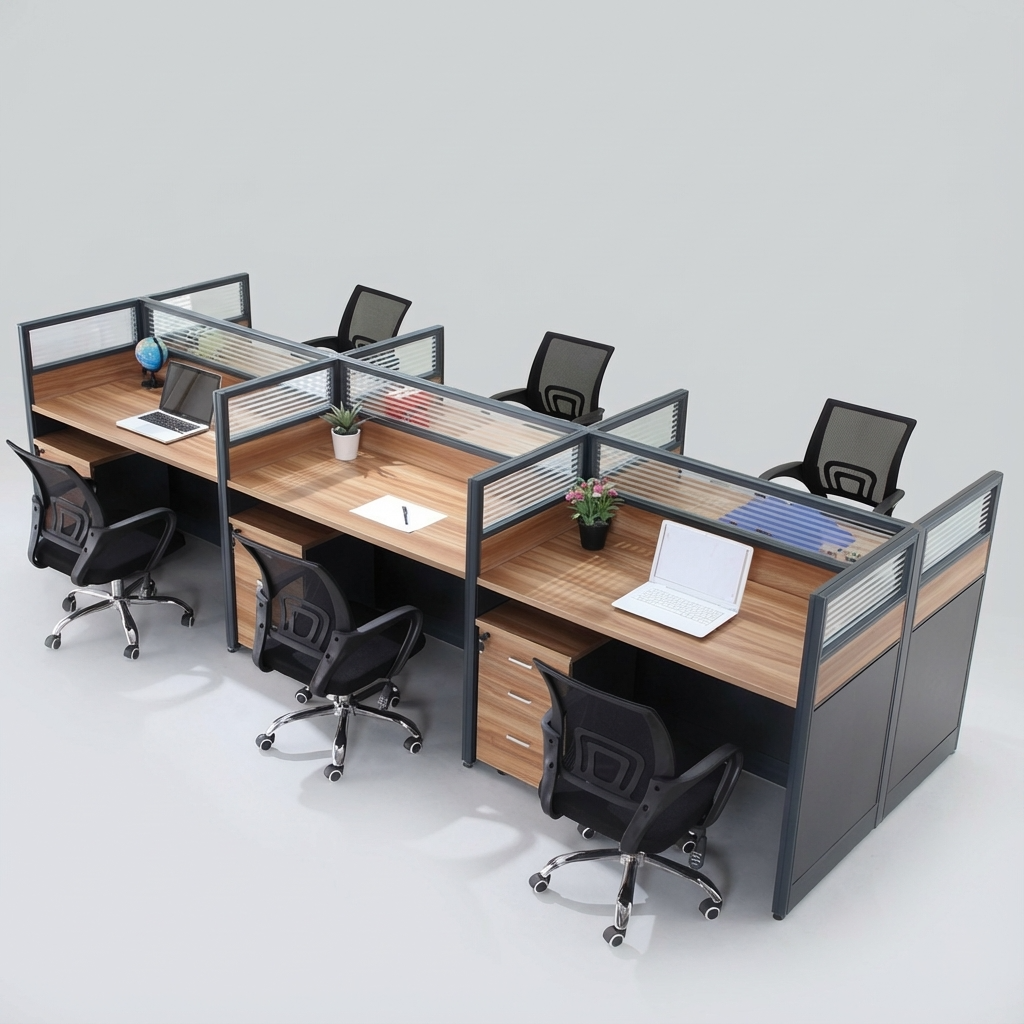 Modern 6-person office workstation with wood-finish desks, frosted glass privacy dividers, and ergonomic mesh chairs.