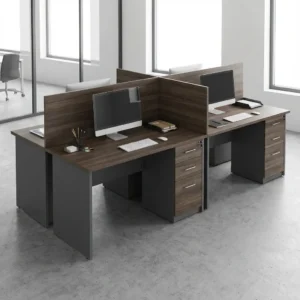 Custom 4-Way Workstations with wood finish desks, central divider panels and integrated drawer storage for four users