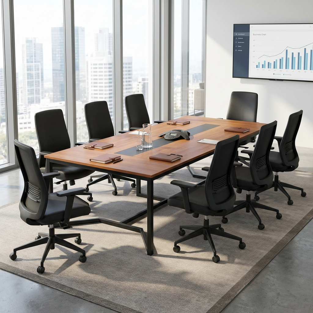 2.4m modern meeting table set, Boardroom & Conference Tables with wood finish, integrated cable management, and ergonomic office chairs in a professional setting