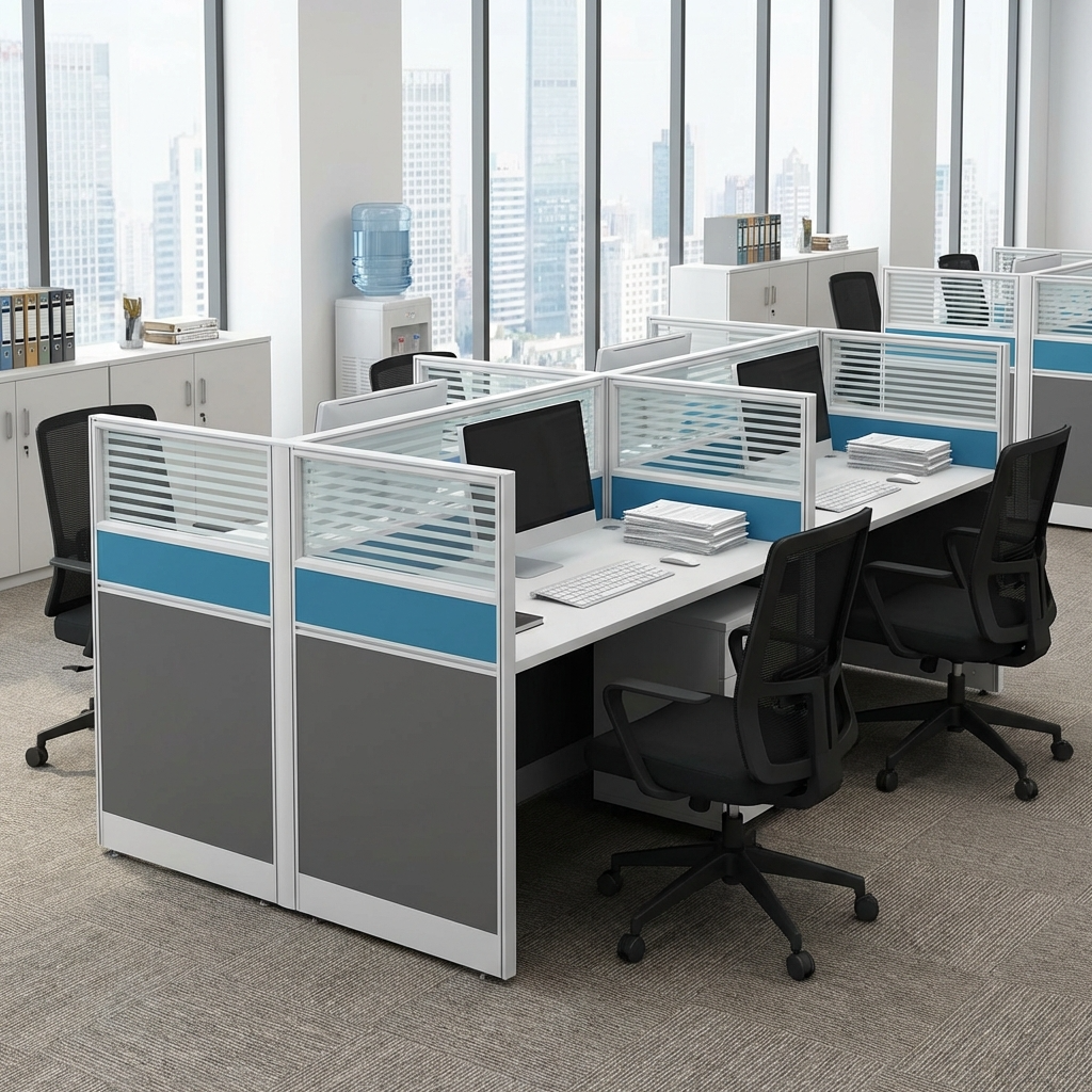 4-way modular office workstation featuring white desktops, integrated blue and grey privacy partitions, and matching mobile pedestal cabinets.