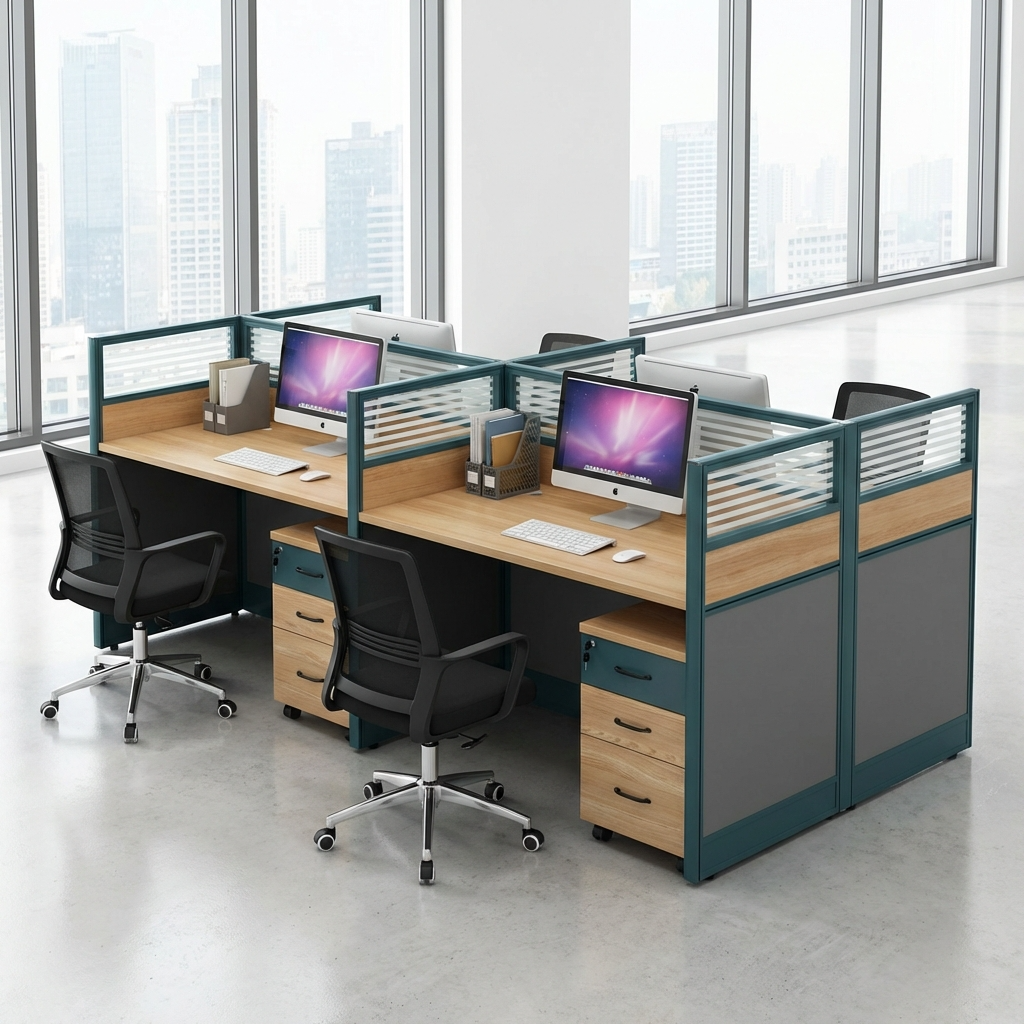 4-Person Modern Office Workstations Cubicle with Wood Grain Desks and Privacy Screens