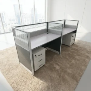 Modular 2-Person Desk Pod with frosted glass partitions and lockable drawer unit for modern office workspace
