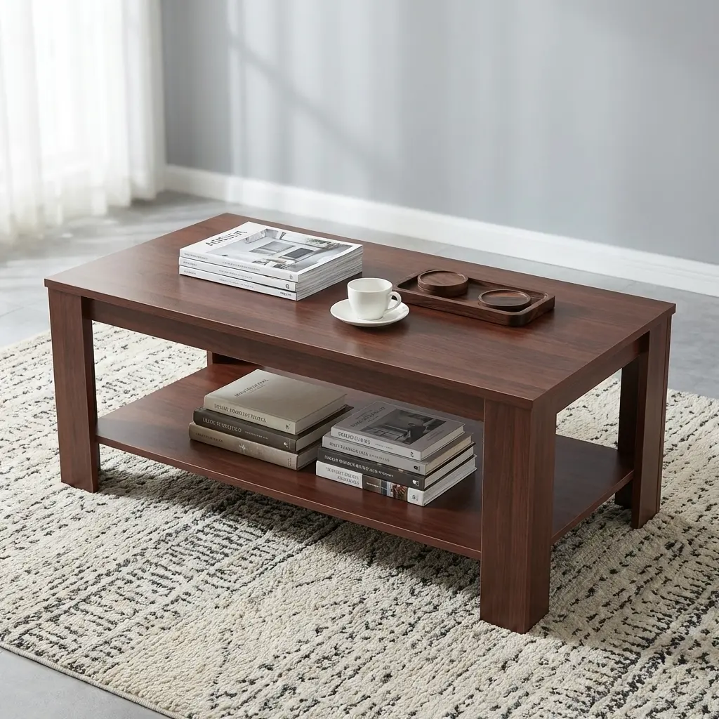 Modern Wood Coffee Table With Lower Shelf Storage And Minimalist Wooden Design